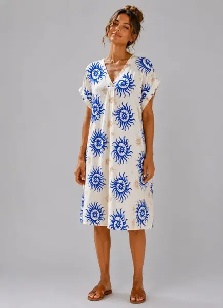 Rochie midi din vascoza cu imprimeu solar albastru si decolteu in V