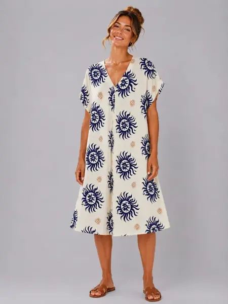 Rochie midi din vascoza cu imprimeu solar bleumarin si decolteu in V