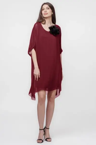 Rochie midi, dreapta, din matase si vascoza, cu funda pe spate, bordo