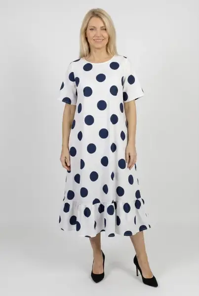 Rochie midi lejera cu volan si imprimeu buline alb-bleumarin
