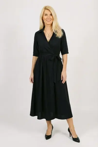 Rochie midi petrecuta cu cordon, din vascoza neagra