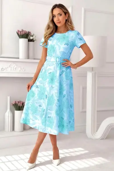 Rochie Nayla de vara, cu falduri si imprimeu floral, Turcoaz, Marime S/M