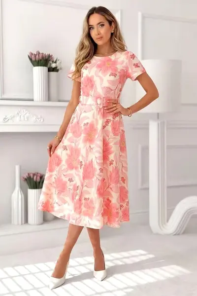 Rochie Nayla de zi, cu falduri si imprimeu floral, Corai, Marime S/M