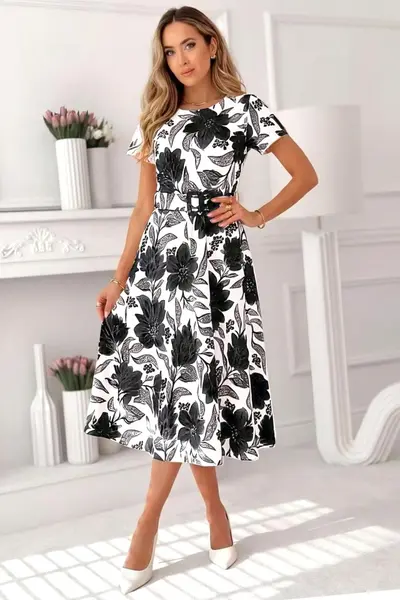 Rochie Nayla de zi, cu imprimeu floral si curea, Negru, Marime S/M