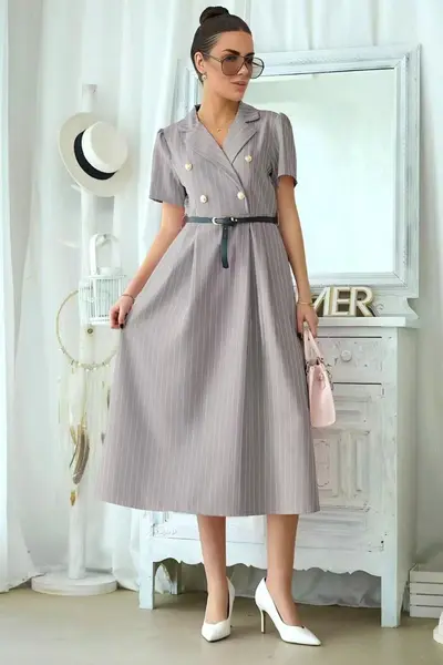 Rochie office cu dungi, Mireya, revere si curea, Gri, Marime S/M