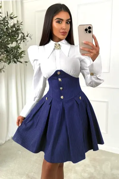 Rochie office tip camasa TOMYNA, cu brosa inclusa, Bleumarin, Marime S/M