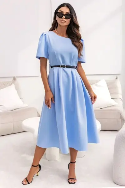 Rochie office ZALIA, croi bufant si curea subtire, Baby Blue, Marimea S/M