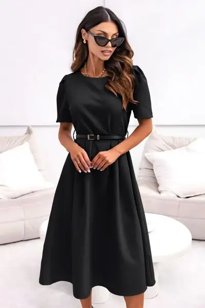 Rochie office ZALIA, croi bufant si curea subtire, Negru, Marimea S/M