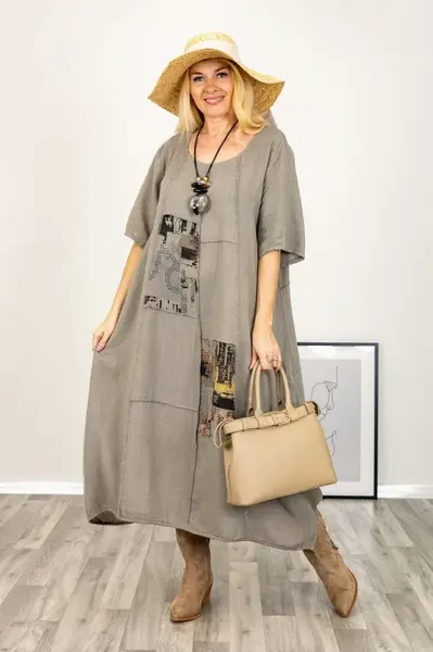 Rochie oversize A-line, din in cu snur in partea de jos, bej inchis