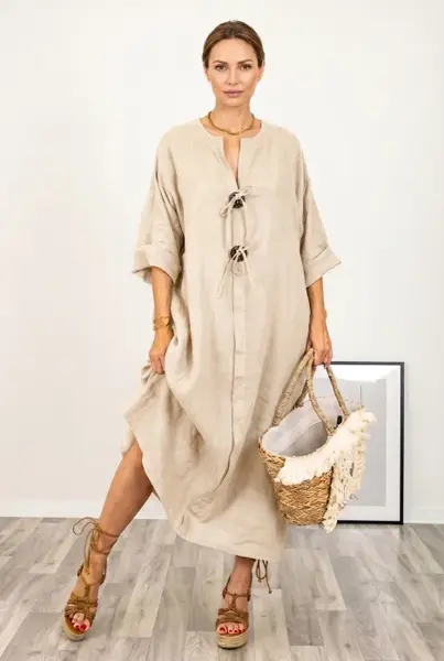 Rochie oversize din in, cu nasturi pe piept, bej