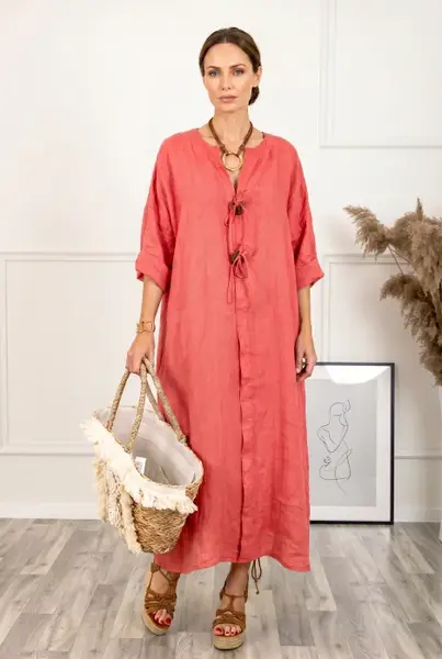 Rochie oversize din in, cu nasturi pe piept, corai