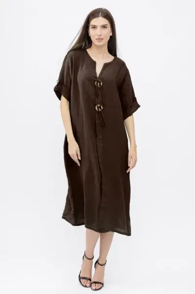 Rochie oversize din in, cu nasturi pe piept, maro
