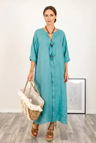 Rochie oversize din in, cu nasturi pe piept, turcoaz