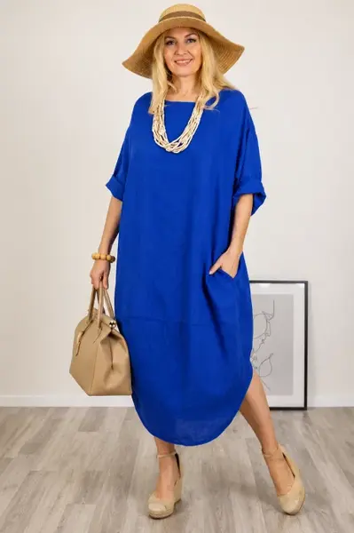 Rochie oversize lalea cu crapatura rotunjita, din in, albastra