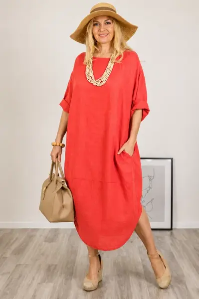 Rochie oversize lalea cu crapatura rotunjita, din in, corai