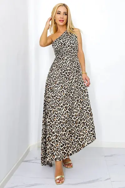 Rochie plisata asimetrica Elza, cu decupaj in zona taliei, Animal print - leopard, Marime S/M