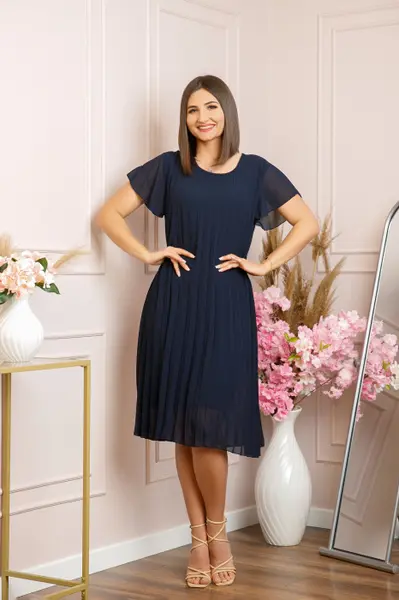 Rochie plisata Elisa cu maneci fluture - Bleumarin