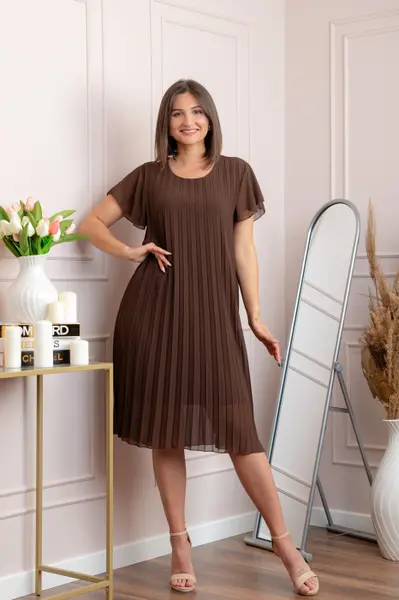 Rochie plisata Elisa cu maneci fluture - Maro