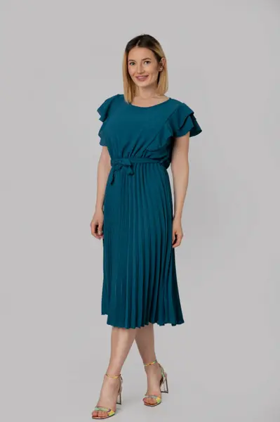 Rochie plisata turcoaz cu volane pe maneci