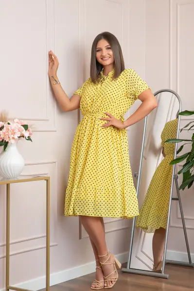Rochie retro galbena Brenda cu buline si maneci bufante