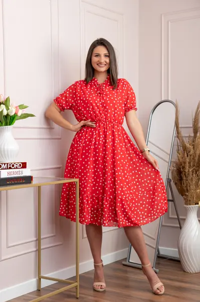 Rochie retro Krista cu buline albe si maneci bufante - Rosu