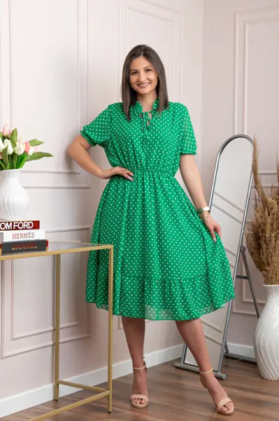 Rochie retro Krista cu buline albe si maneci bufante - Verde