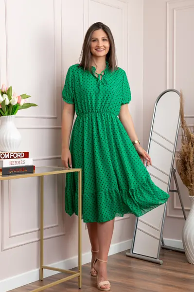 Rochie retro verde Leslie cu buline negre si maneci bufante