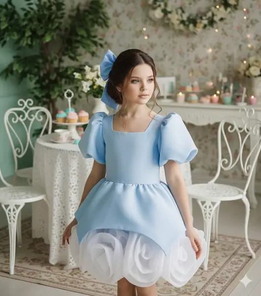 Rochie rosie eleganta din tafta si flori handmade pentru fete - Annabelle