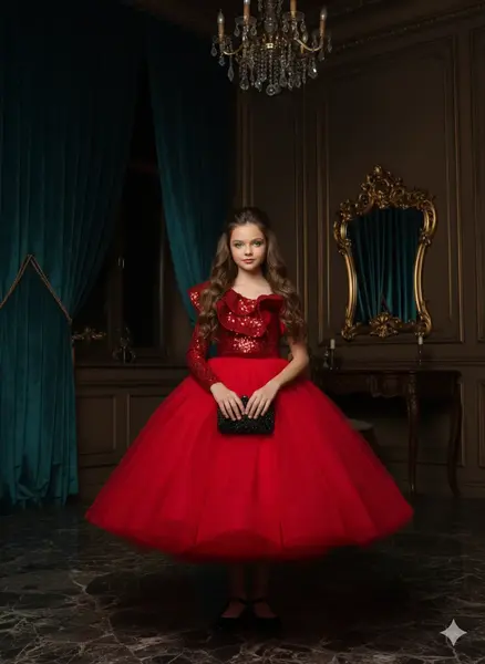 Rochie rosie eleganta pentru fete, din paiete si tulle - Dasha