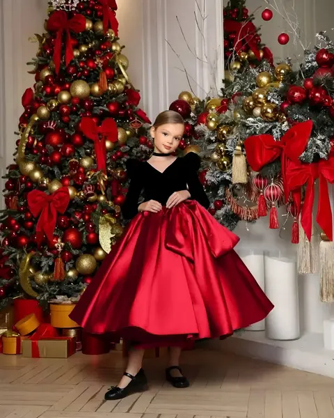 Rochie rosie eleganta pentru fete, din tafta si catifea neagra - 3-4 ani