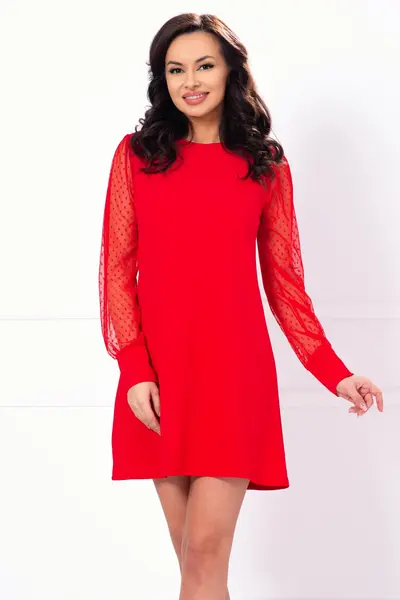 Rochie rosie lejera cu maneci din tulle cu buline