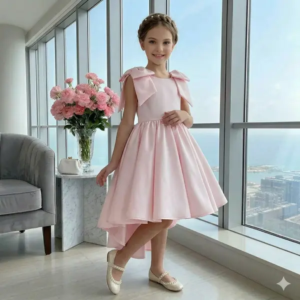 Rochie roz eleganta cu trena din tafta pentru fete - Fiona