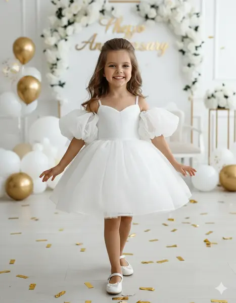 Rochie roz eleganta pentru fete, din tulle cu glitter si maneci bufante - Eloise