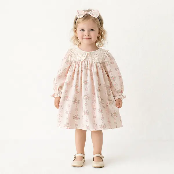 Rochie Roz Fetite cu Floricele Eliza - 4-5 ani