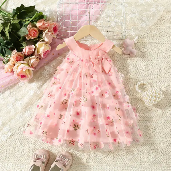 Rochie Roz Fetite cu Floricele Valeria - 6-9 luni