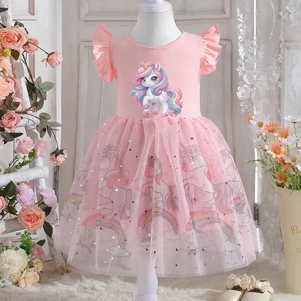Rochie Roz Fetite cu Unicorni Beatrice - 5-6 ani