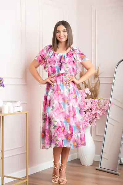 Rochie Sarah eleganta din voal cu volane si imprimeuri florale - Fuchsia
