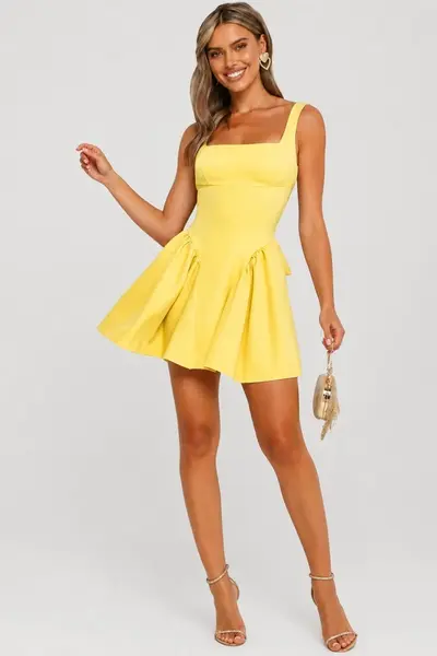 Rochie scurta babydoll MARA, cu spatele gol si funda, Galben, Marime S/M/L