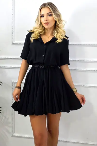 Rochie scurta, casual Peony, cu volane si revere, Negru, Marime S/M