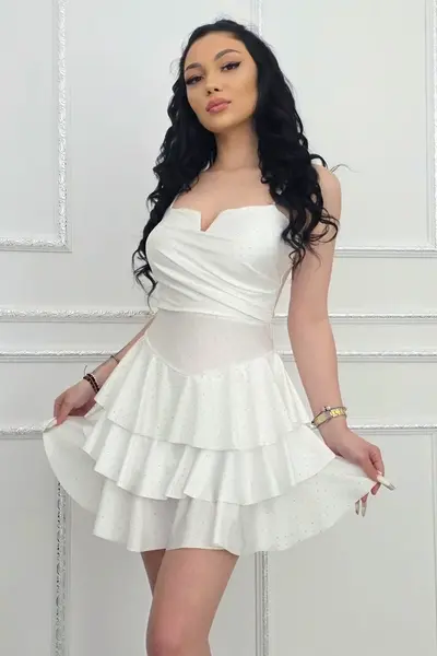 Rochie scurta de ocazie, VALORIA, cu volane si bretelute, Alb, Marime S/M