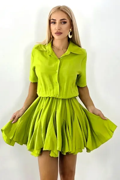 Rochie scurta, de zi, Peony, cu volum si volane, Verde Olive, Marime S/M