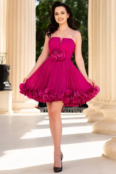 Rochie scurta fucsia din voal Vittoria in clos cu volane