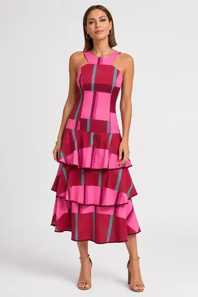 Rochie spectaculoasa midi, din bumbac, cu volane si imprimeu geometric fucsia albastru