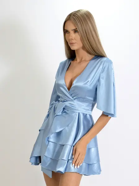 Rochie Sugar scurta cu volanase din Satin bleu
