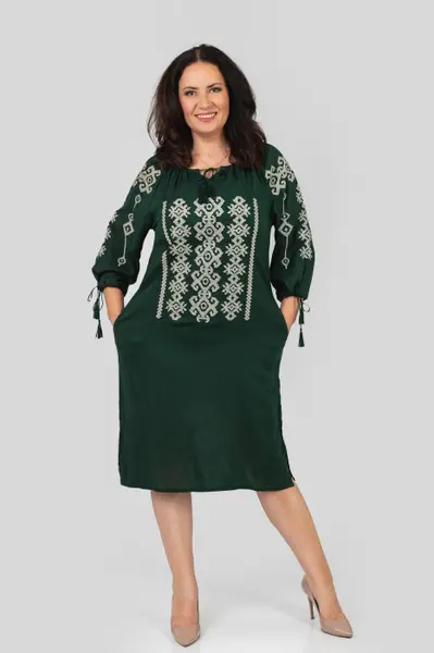 Rochie traditionala midi verde cu motiv geometric gri Ecaterina 02