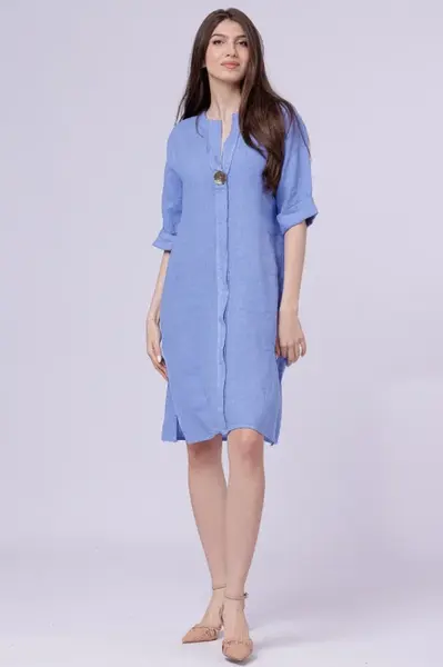 Rochie tunica din in bleu, cu nasture metalic decorativ