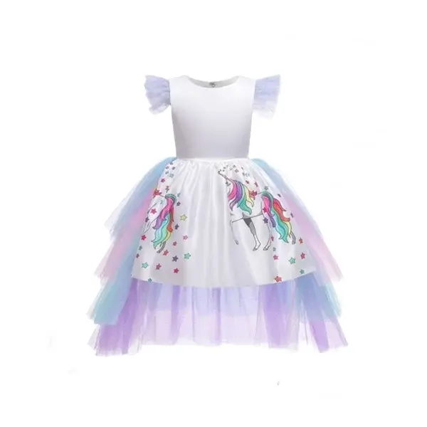 Rochie Unicorn cu trena detasabila, Alb, 3-5 ani, 100-110 cm