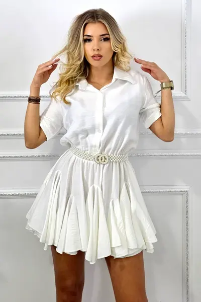 Rochie vascoza cu volane Peony Pearl, tip camasa si curea inclusa, Alb, Marime S/M