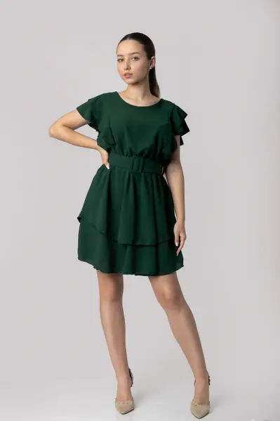 Rochie verde cu volane si centura in talie