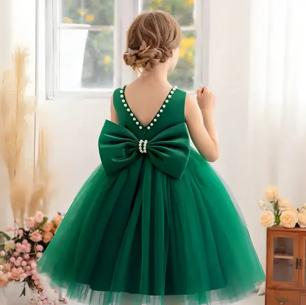 Rochie verde eleganta pentru fete, cu fundita si perle - Luna